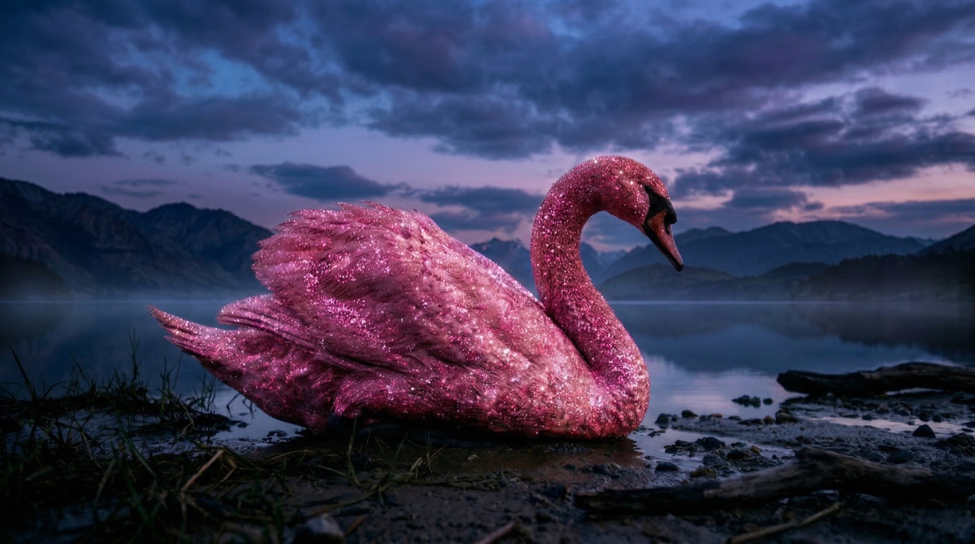 Crystal swan at twilight lake
